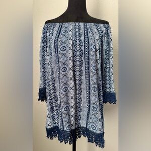 Blue Mood, Bohemian Print Tunic withCrochet Accent On Sleeves and Hem,Size Large